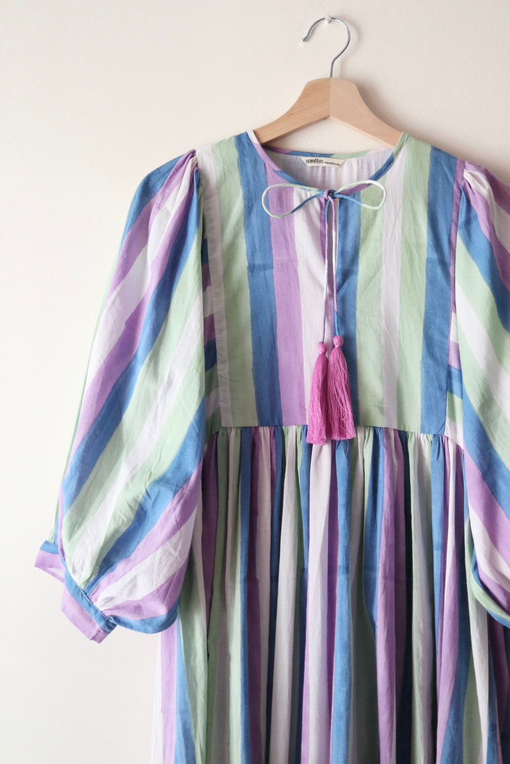 Balloon sleeve dress_ Pastel Stripe